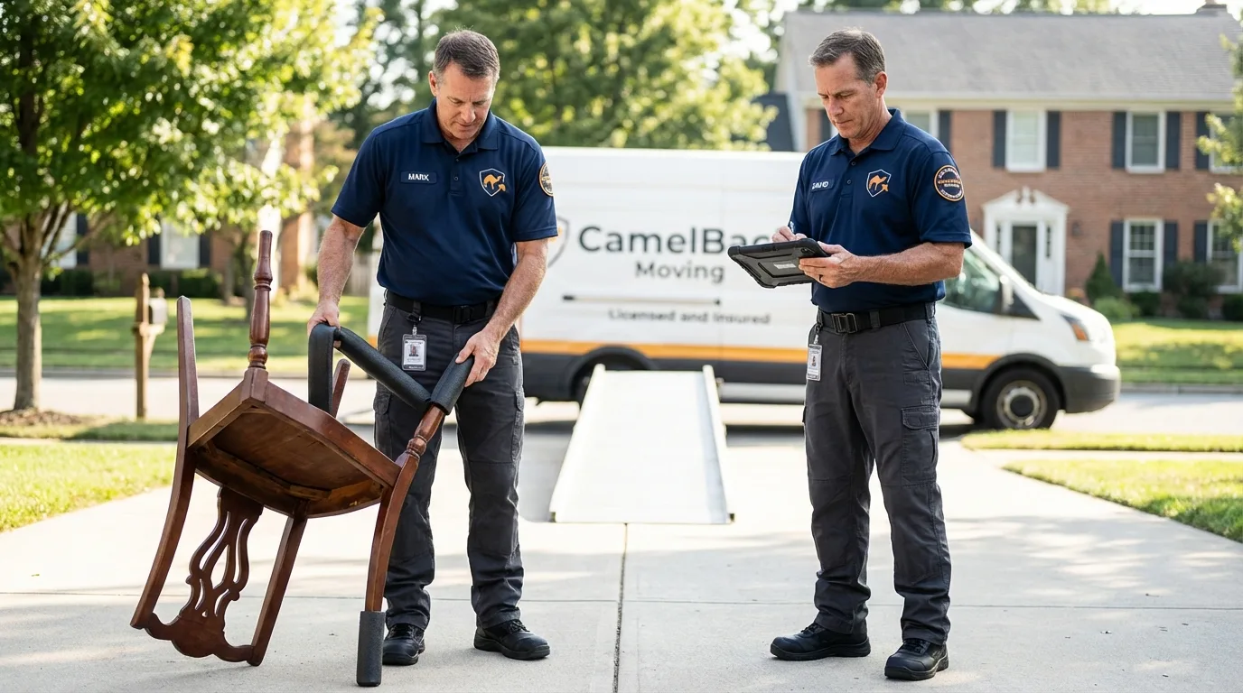 Movers inspecting furniture for damage prevention before loading in Short Hills, NJ