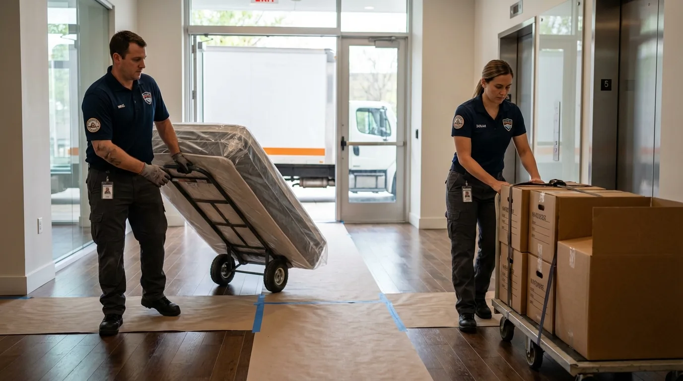 Professional apartment movers loading elevator in Short Hills, NJ