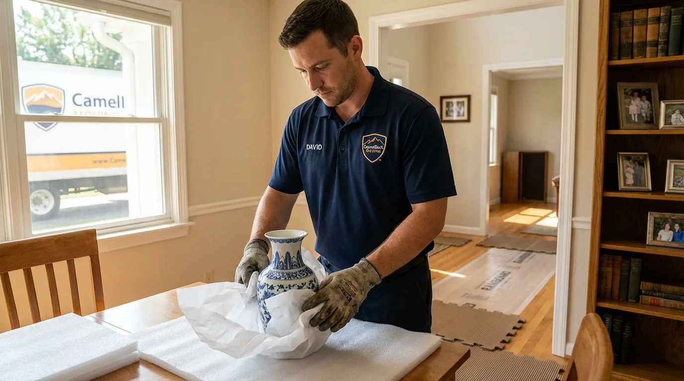 Professional crew carefully wrapping antique vase for senior downsizing move in Short Hills, NJ
